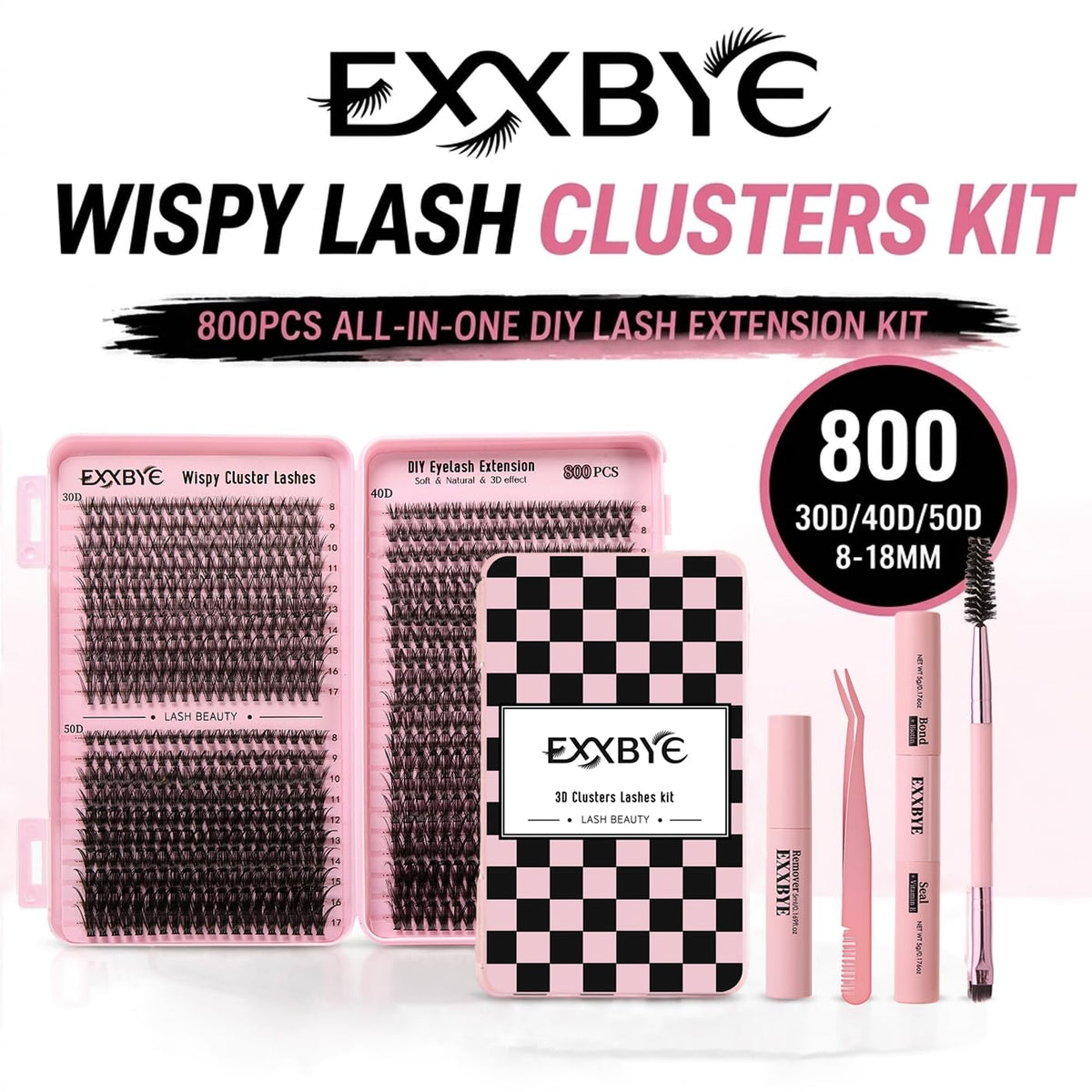 Wispy Lash Clusters Kit 800pcs Lash Extension Kit DIY Eyelash Clusters 30D&40D&50D Lashes Clusters 8-18mm With Lash Bond and Seal, Lash Tweezers, Lash Remover，Lash Brush