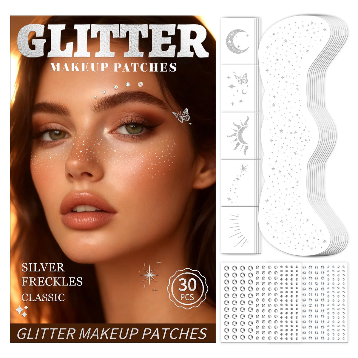 30PCS Glitter Freckles Face Tattoos & Face Gems Set, Classic Silver Style