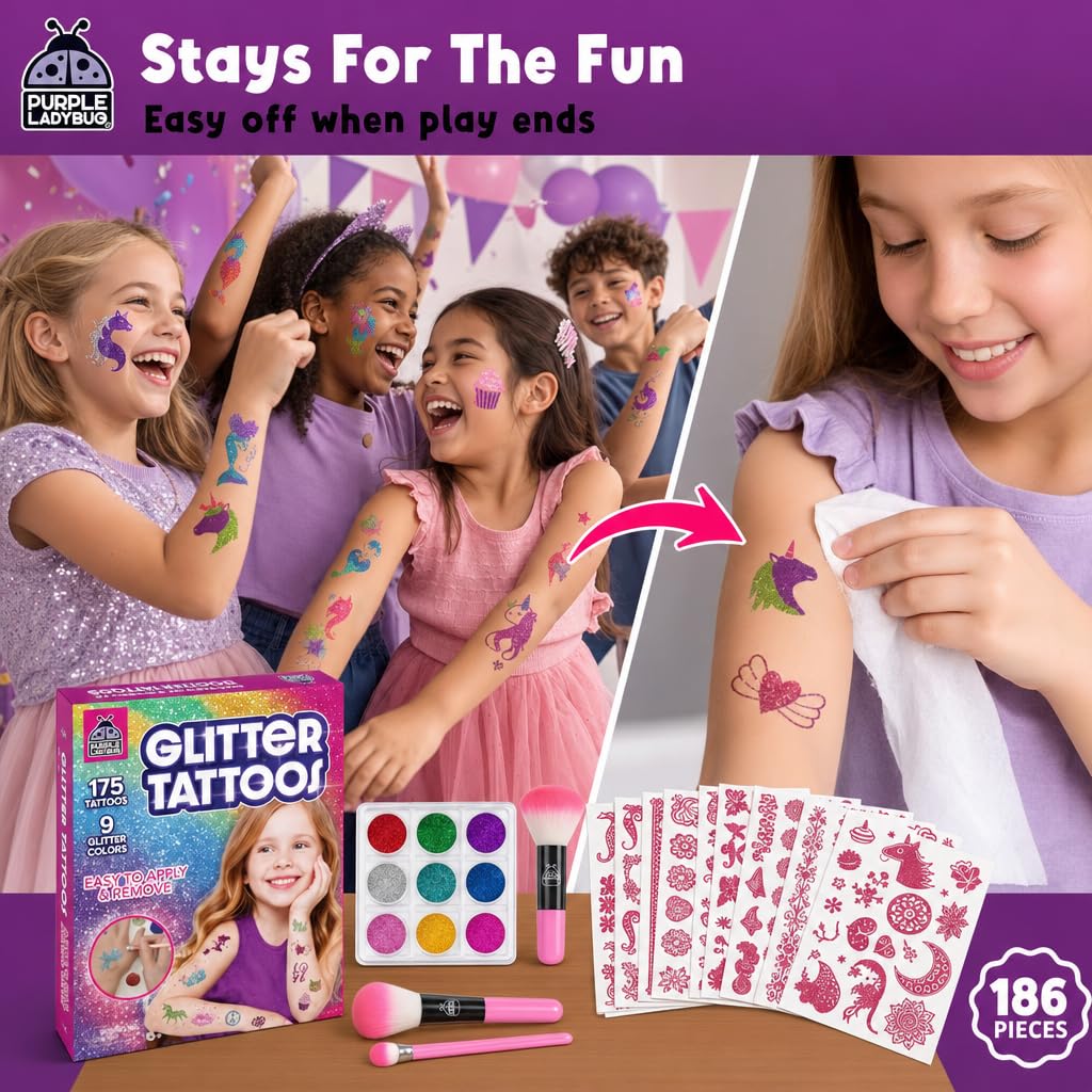 Glitter Tattoo Kit for Ages 6+, No Glue & Low Mess Temporary Fake Tattoos
