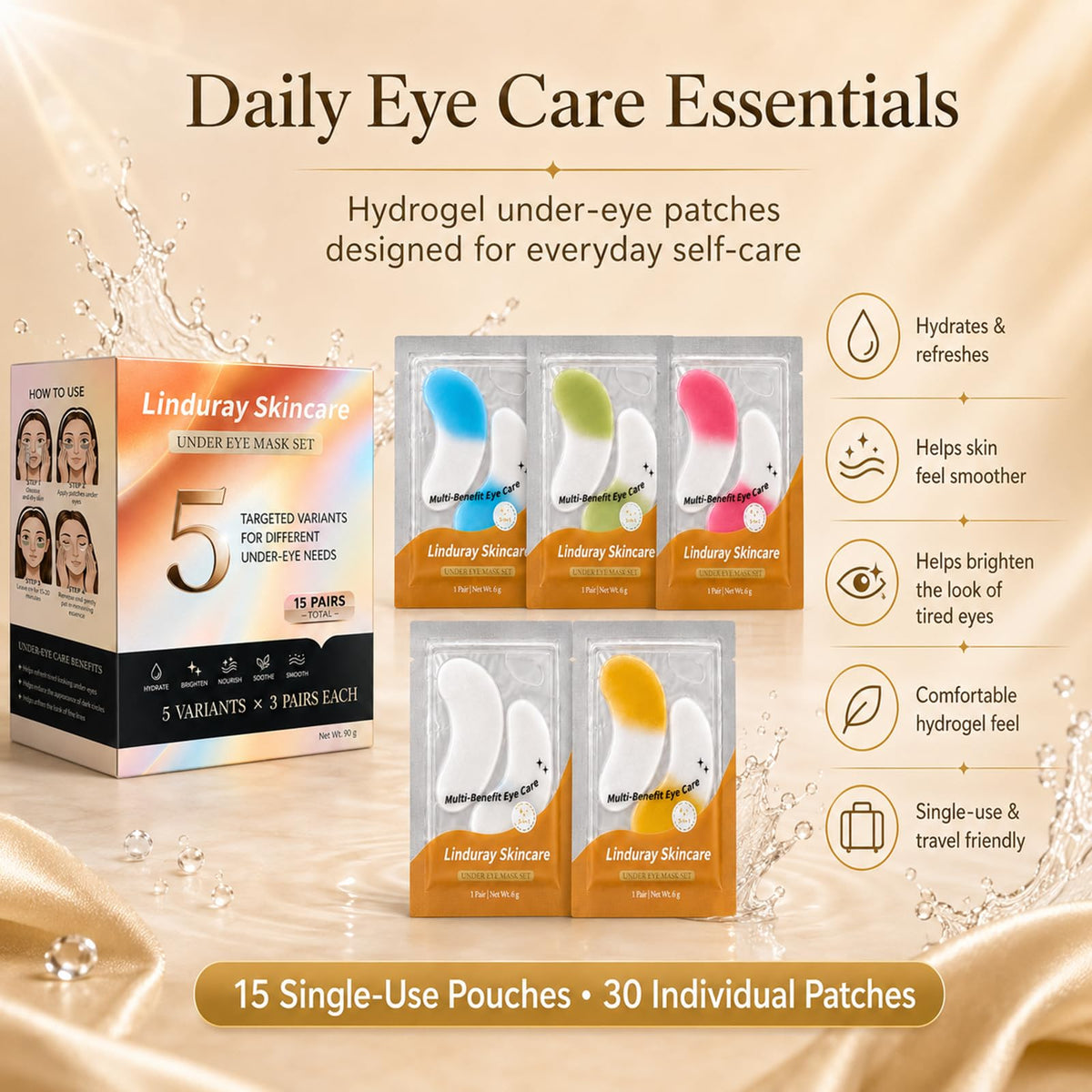 YTUEUEOY Under Eye Patches, Fiv-Color Under eye Mask Patches (15 Pairs)