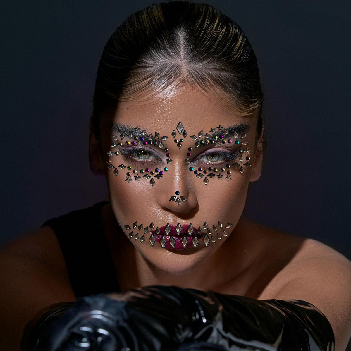 Halloween Face Jewels Temporary Tattoos – 4 Pack Day of the Death Rhinestone Skull Face Gems – Crystal Eye Glitter Stickers for Halloween Makeup, Cosplay & Horror Party Supplies (4 PCS)