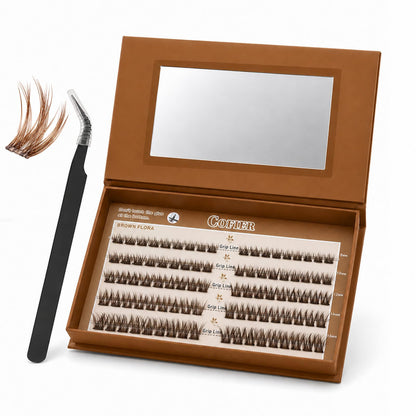 Pre Glued Wispy Lash Clusters Kit, 90 Pcs Individual Eyelash Clusters (Brown 8-16mm/C Curl) - Lash Extension Kit with Eyelashes Tweezers and Clips, Natural Fake Lashes No Glue Need, Beginners Friendly