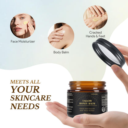 Lazibudgha Beef Tallow for Skin, Tallow and Honey Balm for Face, Grass-Fed Tallow for Body, Deep Nourishing 2.1oz / 60g