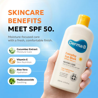 Derma B Everyday Sun Block Large Size Sunscreen SPF50+ PA++++ 6.71 Fl Oz, 200ml Fast-Absorbing Lightweight SPF Moisturizer, Facial Body Non-Sticky for Dewy Skin, Korean Protection Lotion