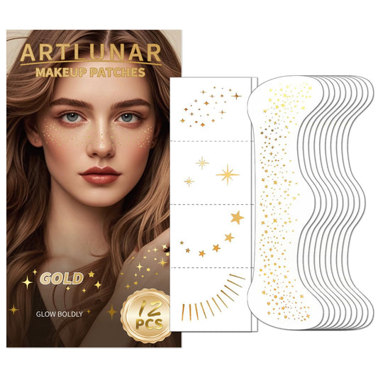 Artlunar 12Pcs Face Glitter Makeup Patches, Glitter Makeup Accessories for Women & Girls, Perfect for Music Festivals,Concerts, Parties, Halloween & Christmas.(Gold)