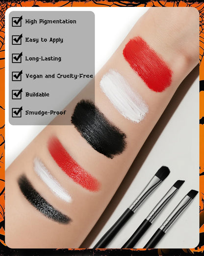 Halloween Effects Makeup Kit, 3 X 20g (0.7 oz) Red Black White Face Paint, Makeup with Tri-color Tattoo Stickers, Sponges, Brushes, Perfect for Halloween Zombie Vampire Skeleton