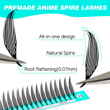 VAVALASH Premade Anime Chunk Lash Extensions,Comic Spire Lashes 0.07 C/D Curl, Matte Black Manga Lash Look Eyelash Extensions,Professional Salon Use Premade Spire Lashes(0.07-D-8-15mm)