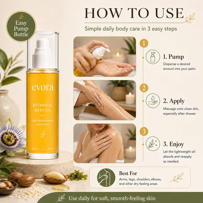 Evora Botanical Body Oil, Lightweight Moisturizing Body Oil, 120 ml