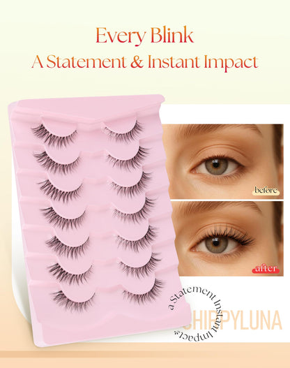 Natural Lashes Cat Eye 12MM False Eyelashes Wispy Lash Strips C Curl False Lashes Natural Look with 0.1MM Clear Band 3D Volume Strip Eyelashes Pack ChirpyLuna 7 Pair