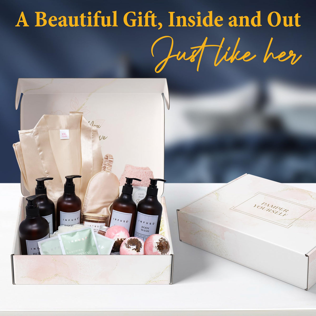 INFUSÉ 10-Piece Spa Gift Box for Women | Self-Care Set with Eye Mask, Loofa, Bath Bombs, Face Masks, Bubble Bath, Lotion, Body Wash & Bath Salts | Perfect Gift for Mom, Grandma, Wife, or Loved Ones