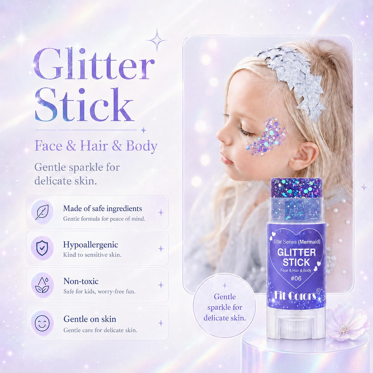 Glitter Stick 2 Pack, White & Purple Face Body Glitter Stick for Hair
