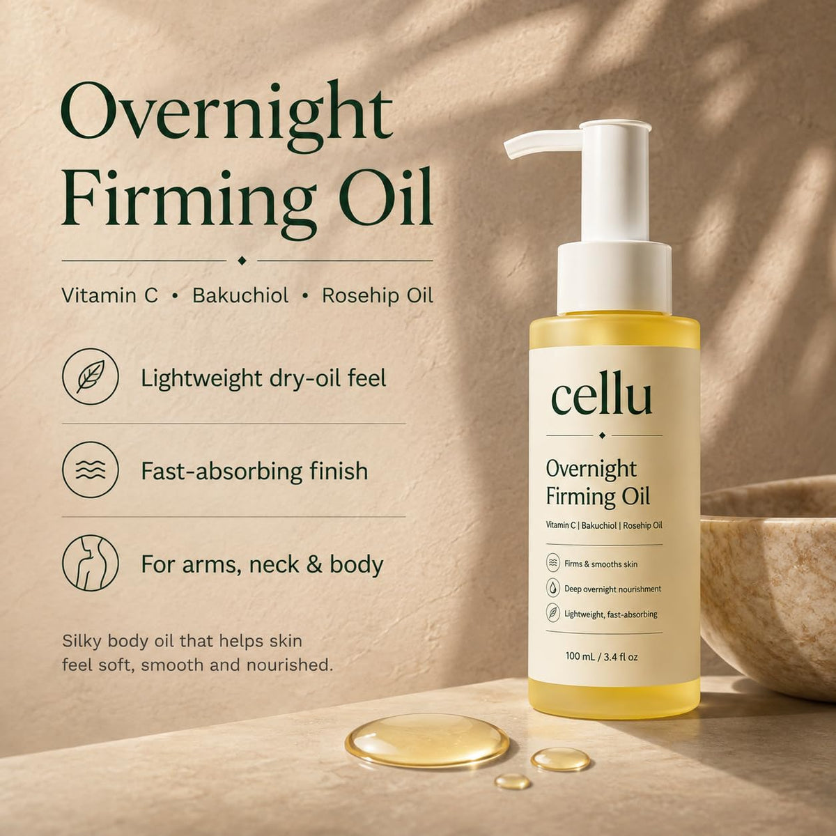 Mujruko Cellu Overnight Firming Oil, Moisturizing Body Oil for Smooth Skin
