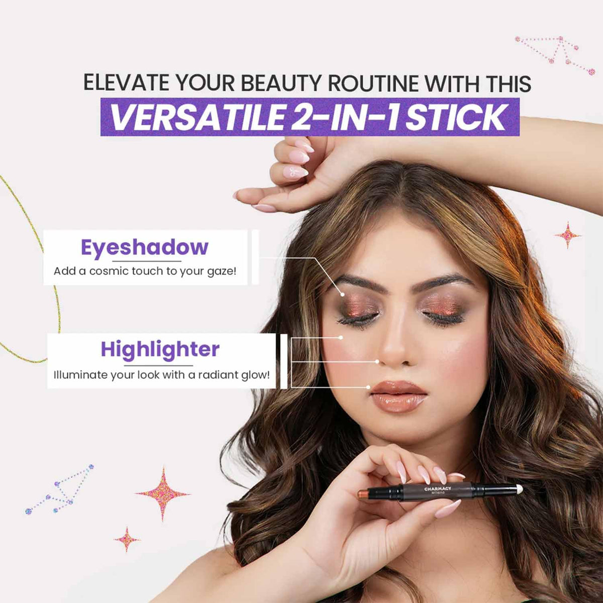 CHARMACY Multichrome 2 in 1 Cream Eyeshadow Stick, Waterproof Eye Brightener Highlighter Stick Makeup, High Pigmented, Smudge-Proof, Vegan & Cruelty-Free (#904)