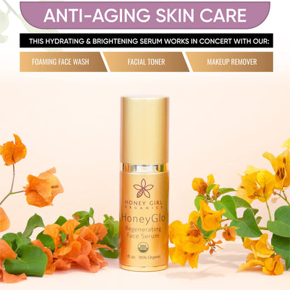 Honey Girl Organics HoneyGlo Regenerating Face Serum, USDA Certified Organic Facial Serum for Women Softens and Moisturizes Skin with Enriched Beehive Ingredients, Vitamin C and EVOO (1 oz)