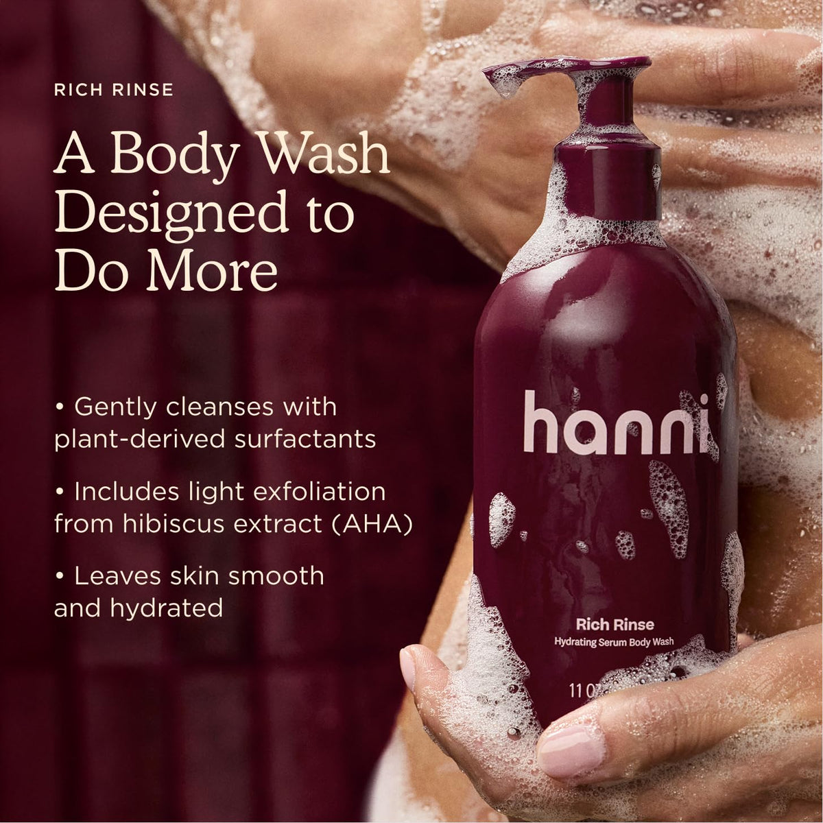 HANNI Rich Rinse Hydrating Serum Body Wash, Glycerin + Aloe, 325 mL/11 oz