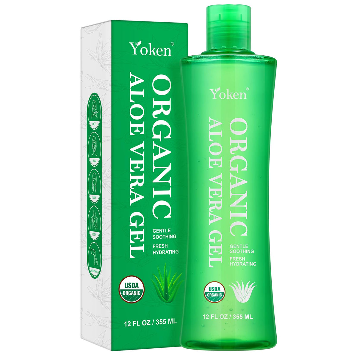 Yoken Organic USDA Aloe Vera Gel 12oz, Alcohol Free, Summer Essential