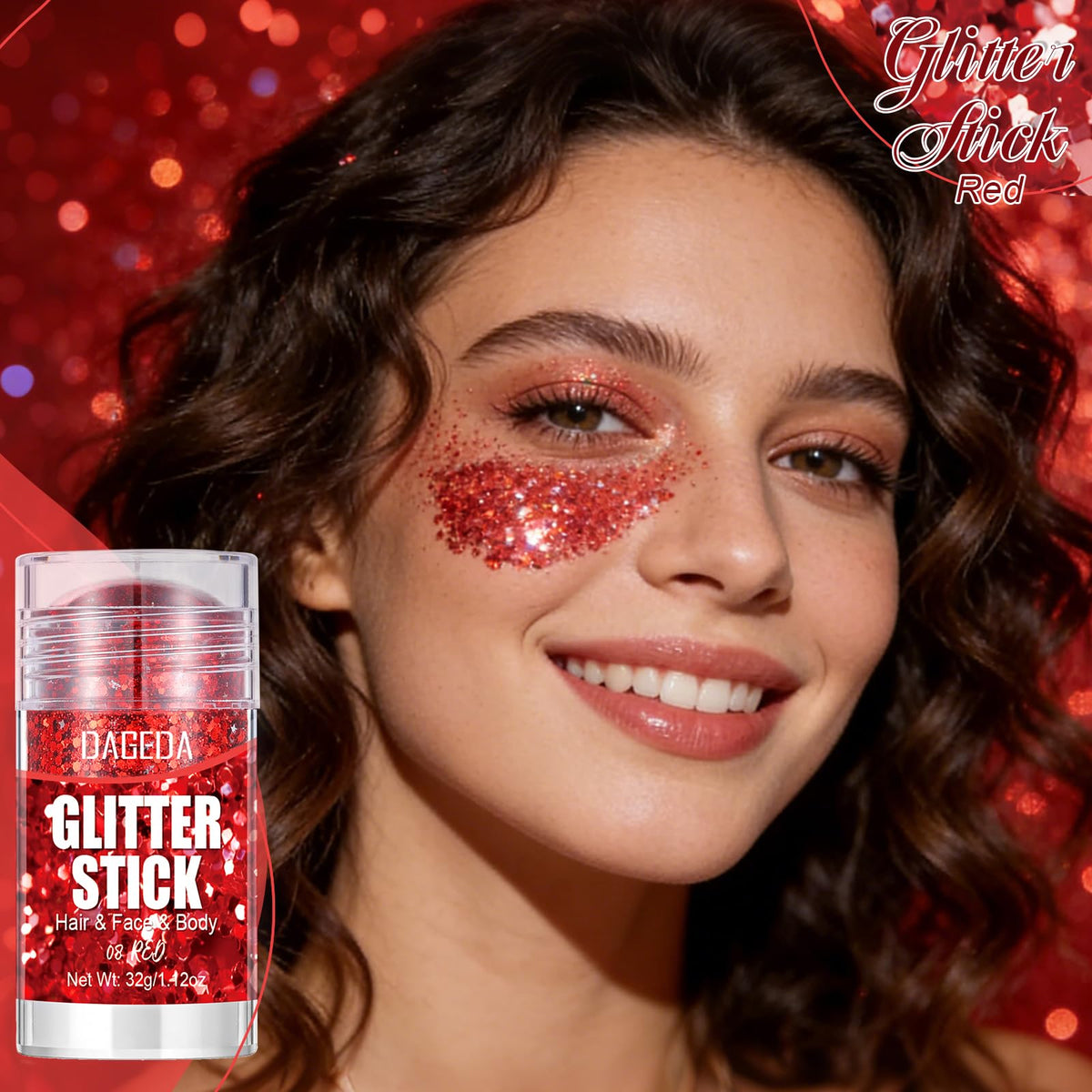DAGEDA Red Face Body Glitter Stick,Sparkling Hair Glitter Makeup 32G