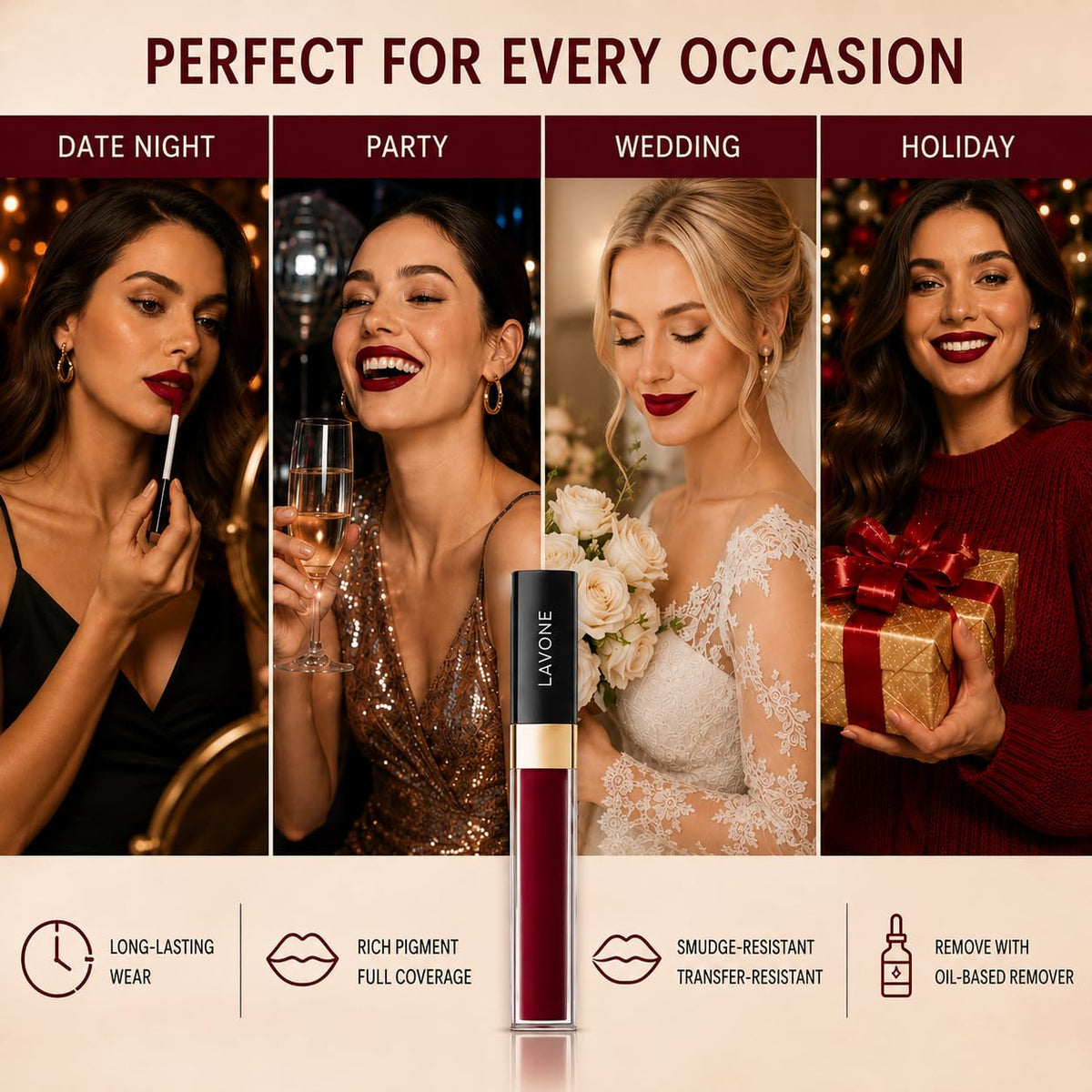 LAVONE Matte Lipstick, Long Lasting Lipstick for Women - Crimson Party