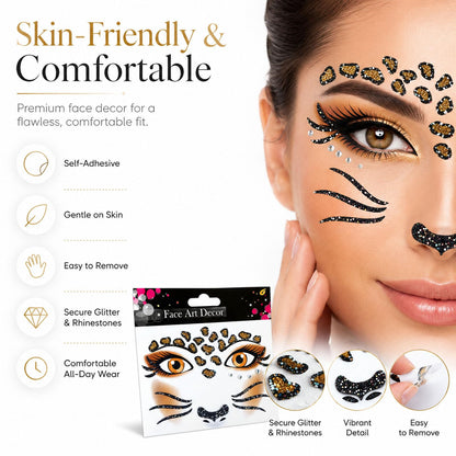 Leopard Face Tattoo Stickers with Glitter Face Jewels, 2Pcs Cute Leopard Self-adhesive Temporary Tattoo for Adult Kids Animal Makeup, Halloween, Cosplay Party Decoration Supplies
