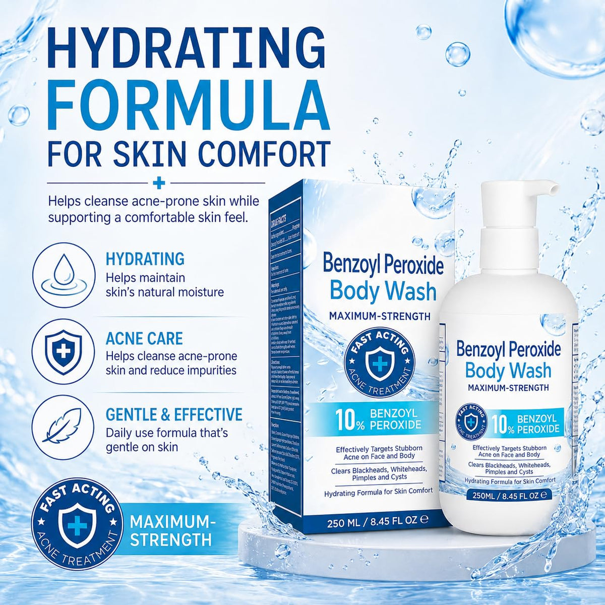 Hermon Benzoyl Peroxide Body Wash: 10% Benzoyl Peroxide Acne Wash for Face, Skin, Butt, and Back Acne - Maximum-Strength Fast-Acting Acne Control Cleanser 8.45 Fl. Oz.