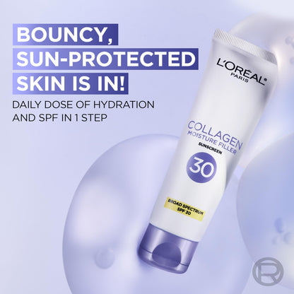 L'Oreal Paris Collagen Moisture Filler Face Cream with Broad Spectrum SPF 30, Anti-Aging Moisturizer and Daily Sunscreen, Includes Face Serum Sample