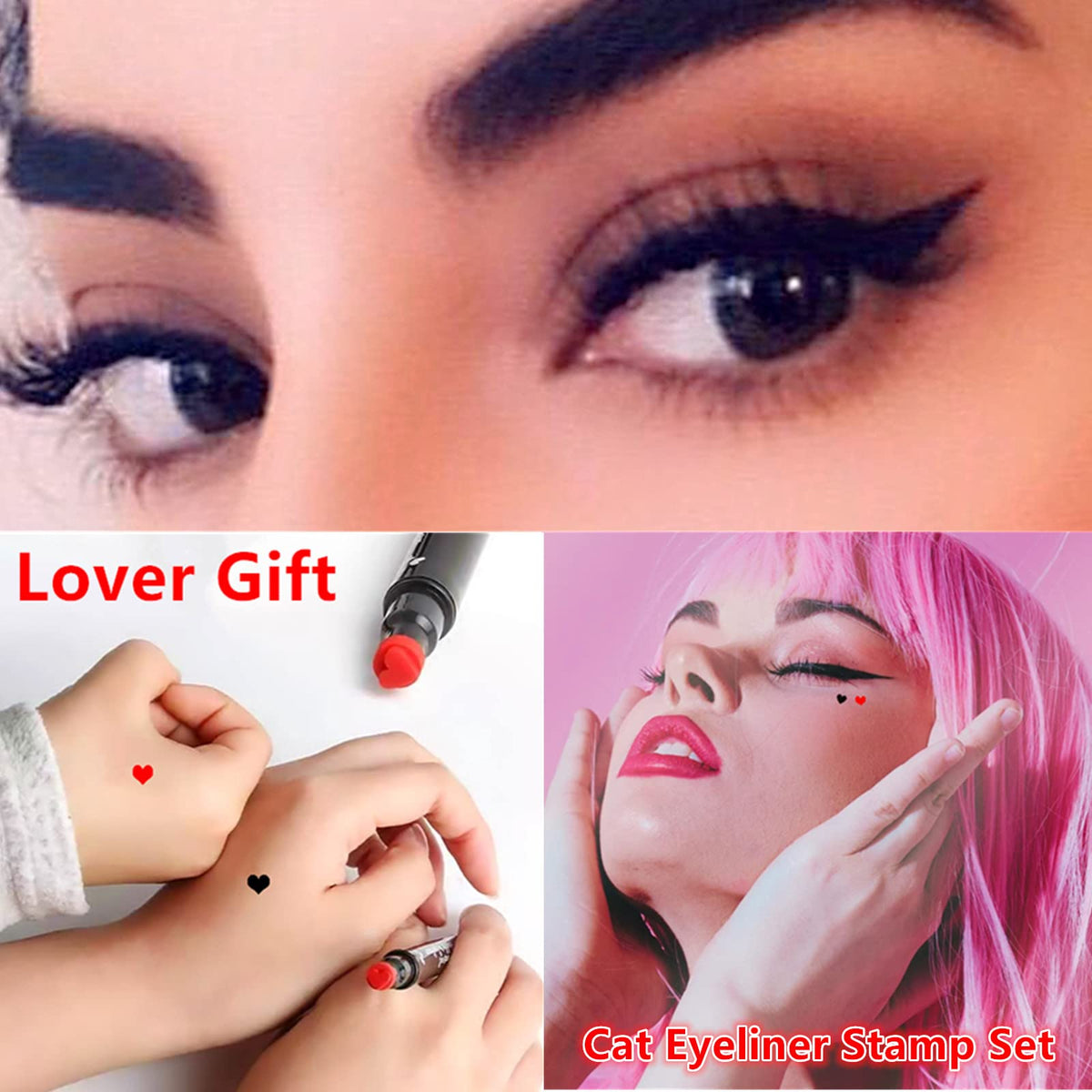 Go Ho 2 PCS Waterproof Liquid Eyeliner Stamps,Double-side Black&Red Smudge-proof Eye Liner,Heart Stamp Eyeliner for Halloween Costumes Makeup,Long-lasting Love Tattoo Tools
