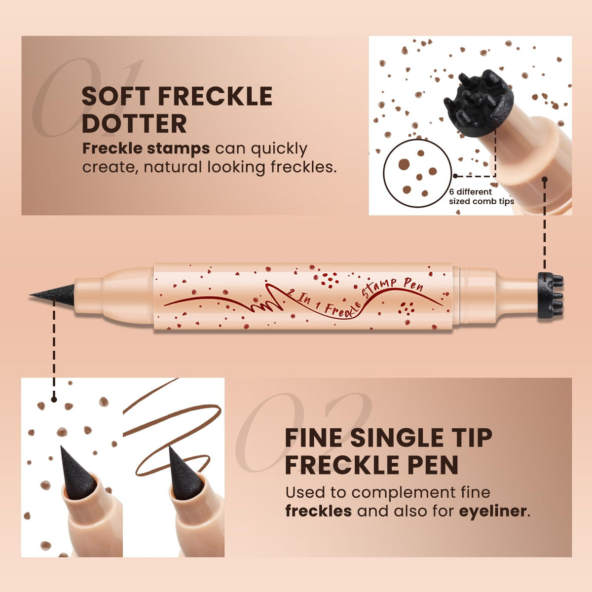 HOSAILY 2 in 1 Dual Ended Dark Brown Freckle Stamp&Freckle Pen, Waterproof Quick Dry Soft Dot Faux Freckles, Natural Lifelike Long Lasting Fake Freckle Marker Pencil Face Decoration Sunkissed Makeup