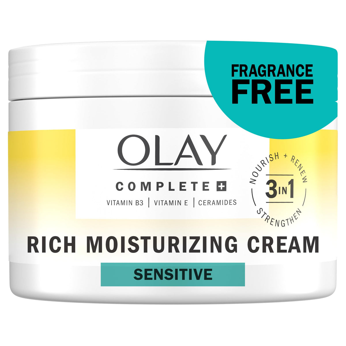 Olay Face Moisturizer, Complete+ Rich Moisturizing Cream - Fragrance-Free, Gentle for Dry & Sensitive Skin, 3-in-1 Hydrating to Strengthen, Nourish, Renew - Niacinamide, Vitamin E, & Ceramides, 8.5 oz