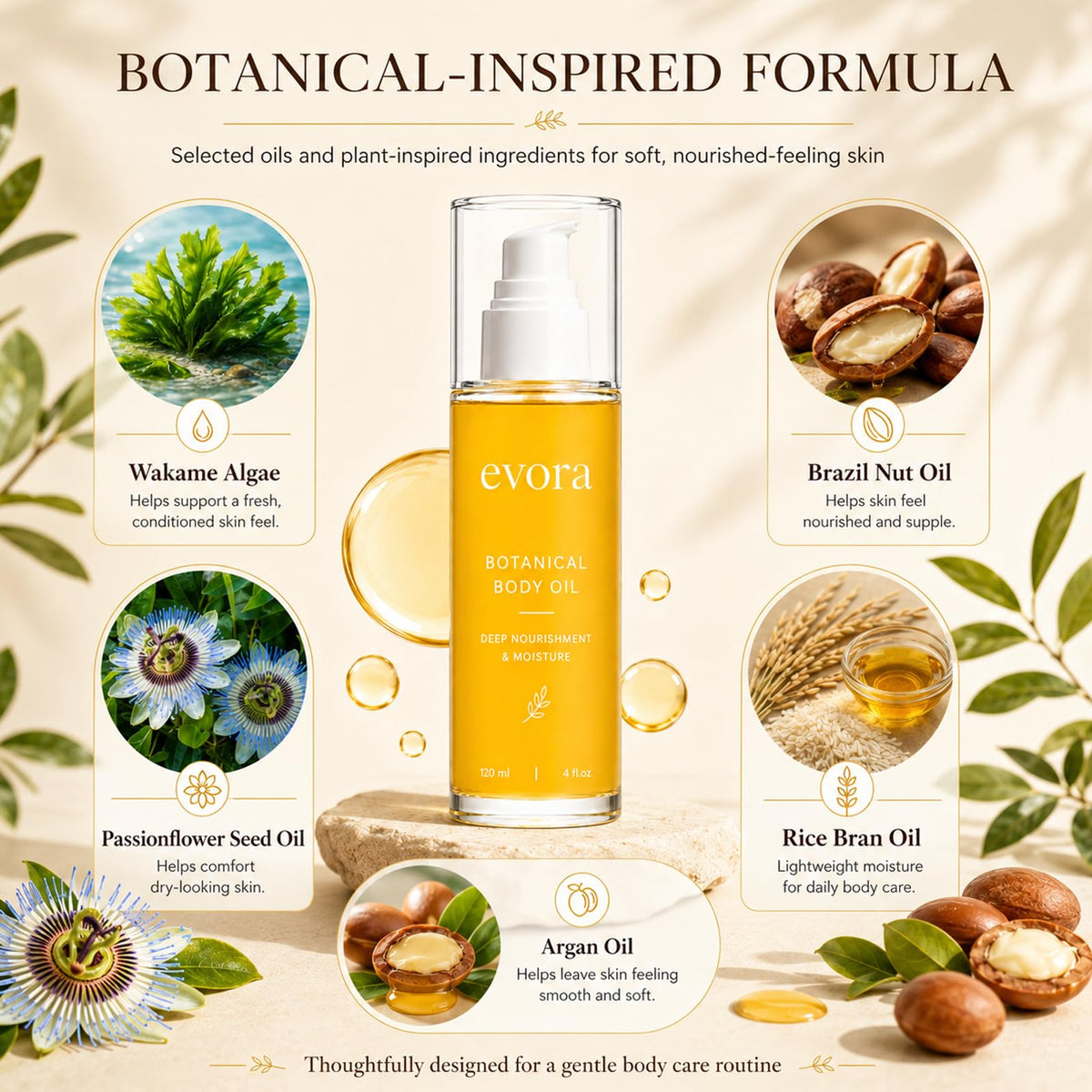 Evora Botanical Body Oil, Lightweight Moisturizing Body Oil, 120 ml