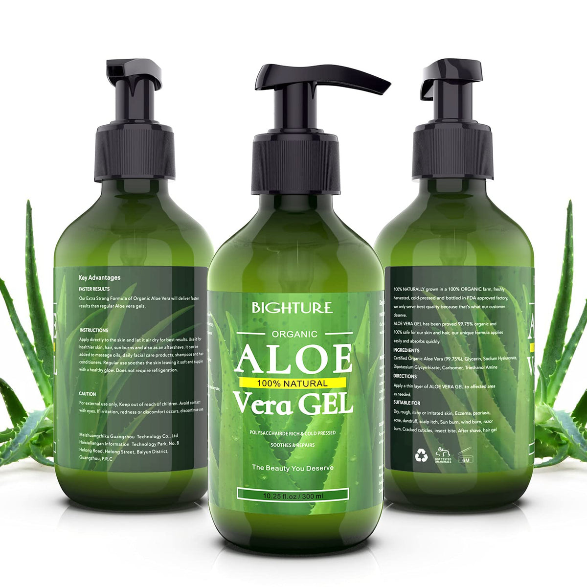 BIGHTURE Aloe Vera Gel, 100% Aloe Vera from Freshly Cut Aloe Leaves, Skin Care for Deeply & Rapidly Soothing, Firming, After Shave, Sunburn Relieve, etc