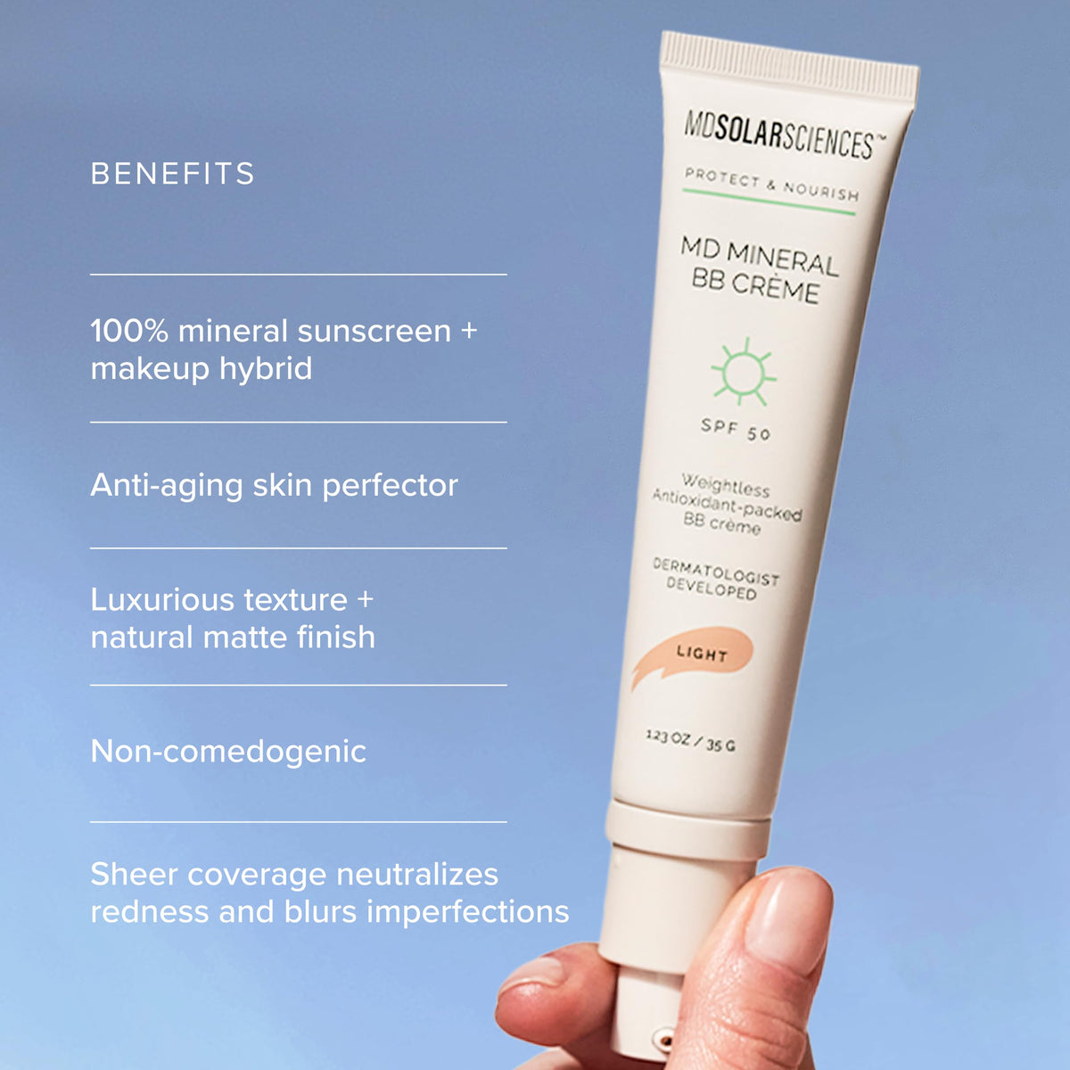 MDSolarSciences Mineral BB Creme SPF 50 | Hydrating, Sheer Tinted Mineral Sunscreen with Niacinamide, Caffeine & Squalane | Blurring, Anti-Aging, Clean & Reef Safe | Light 1.23 oz
