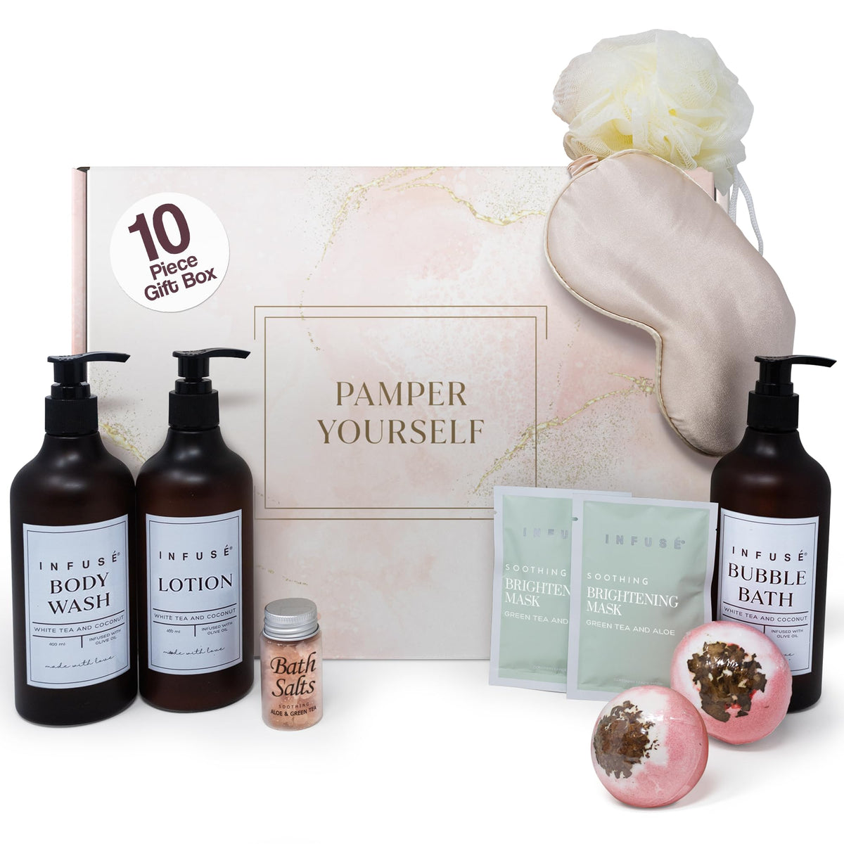 INFUSÉ 10-Piece Spa Gift Box for Women | Self-Care Set with Eye Mask, Loofa, Bath Bombs, Face Masks, Bubble Bath, Lotion, Body Wash & Bath Salts | Perfect Gift for Mom, Grandma, Wife, or Loved Ones