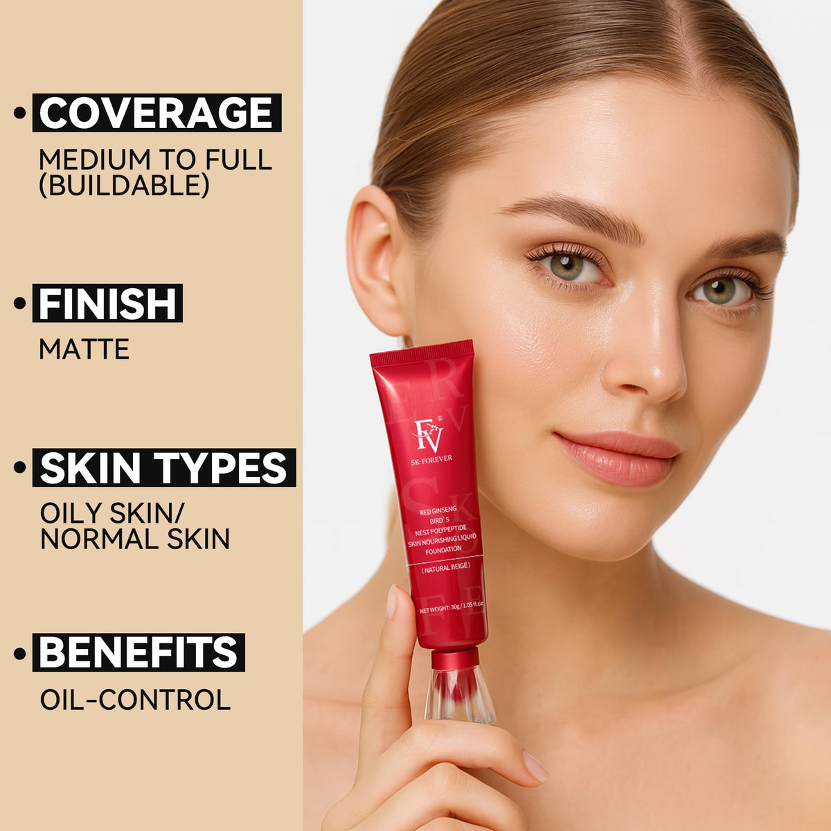 FV Matte Waterproof Foundation-Longwear Transfer-Proof, with Medium to Full Coverage, Oil-control & Lightweight, Liquid Foundation Makeup for Normal/Oily Skin, 30g, Natural Beige