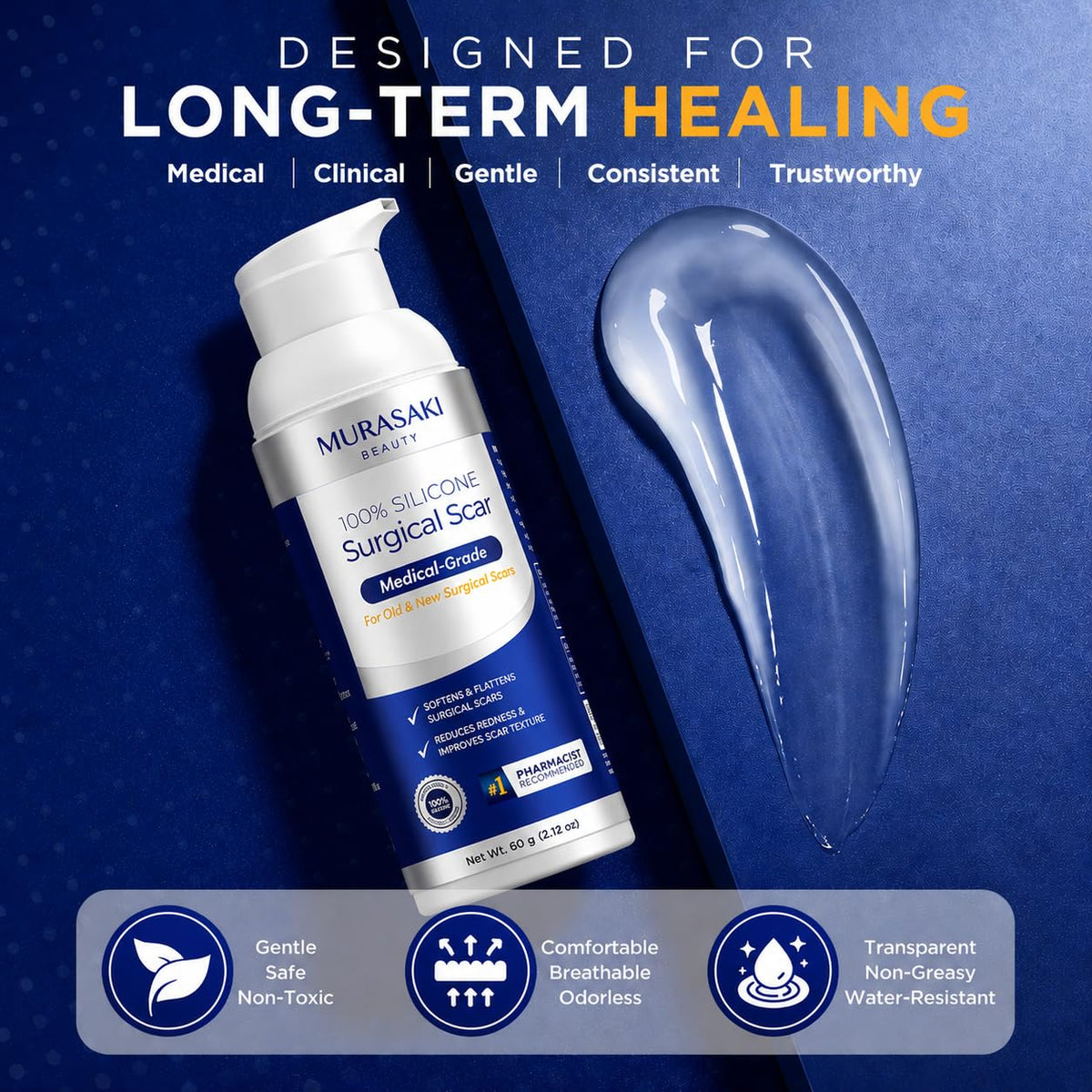 100% Silicone Scar Gel for Surgical Scars - Maximum Strength Silicone Scar Gel for C-Section, Plastic Surgery, Burns, Injury, Keloids, Hypertrophic & Old/New Scars - 2.12 oz (60g)
