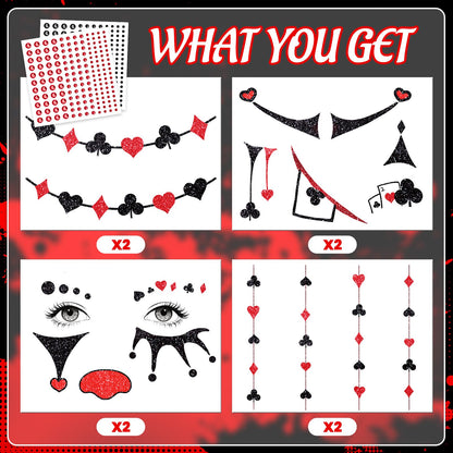 Halloween Clown Face Makeup Temporary Tattoos+Black Red Faces Gems
