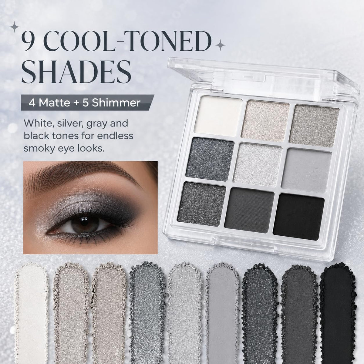 Yeweian Black Smokey Eyeshadow Palette, 9 Colors Black Silver Gray White Goth Eyeshadow Makeup Palette, Waterproof Cool Toned Matte Glitter Eyeshadow Palette Sombras De Ojos Profesional