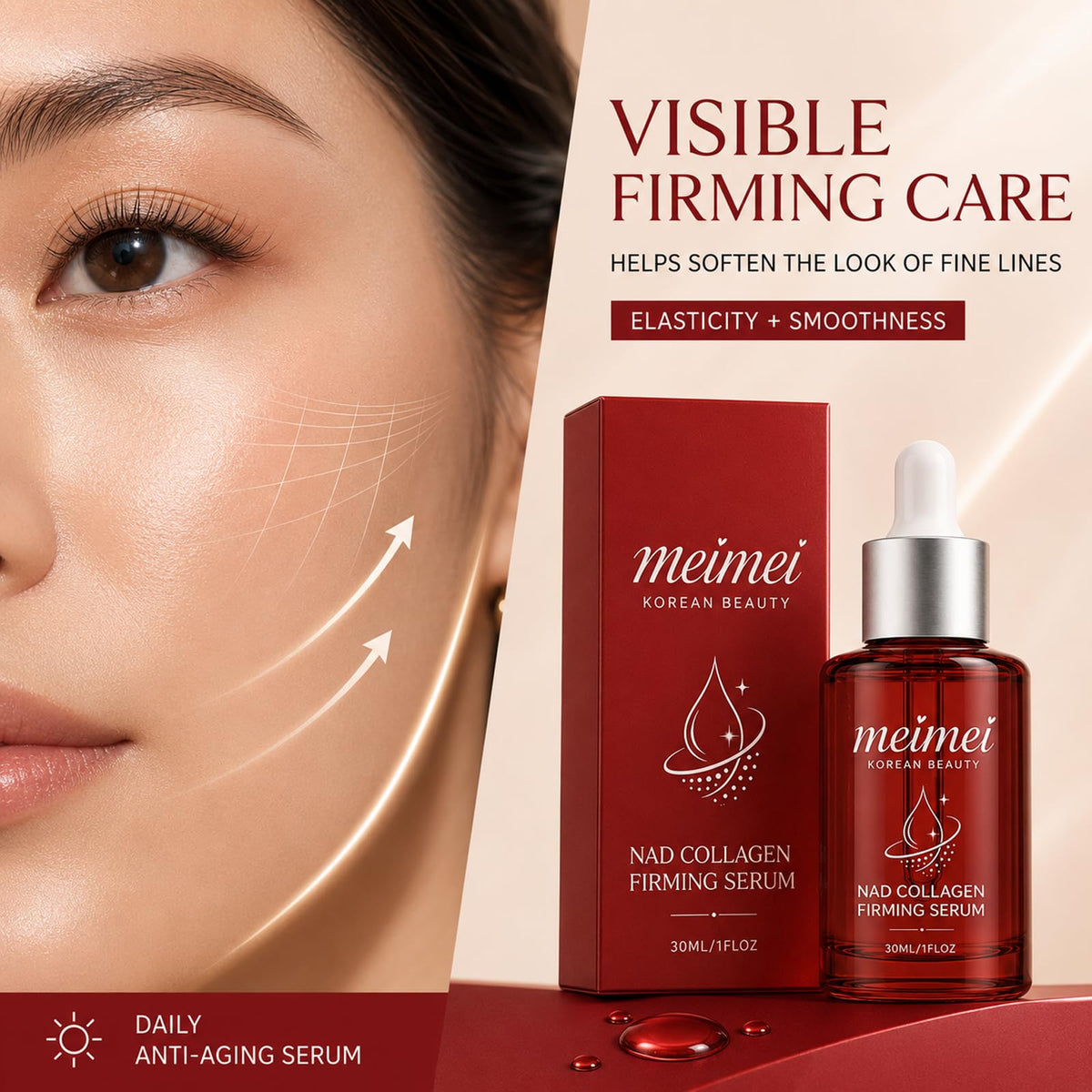 Meimei Firming Serum, NAD+ Firming Serum, Collagen Extract & Peptides Facial Serum, Anti-Aging Serum, with Wrinkle Appearance, Elasticity & Pore Care, Suitable for All Skin Types, 30ml / 1 Floz