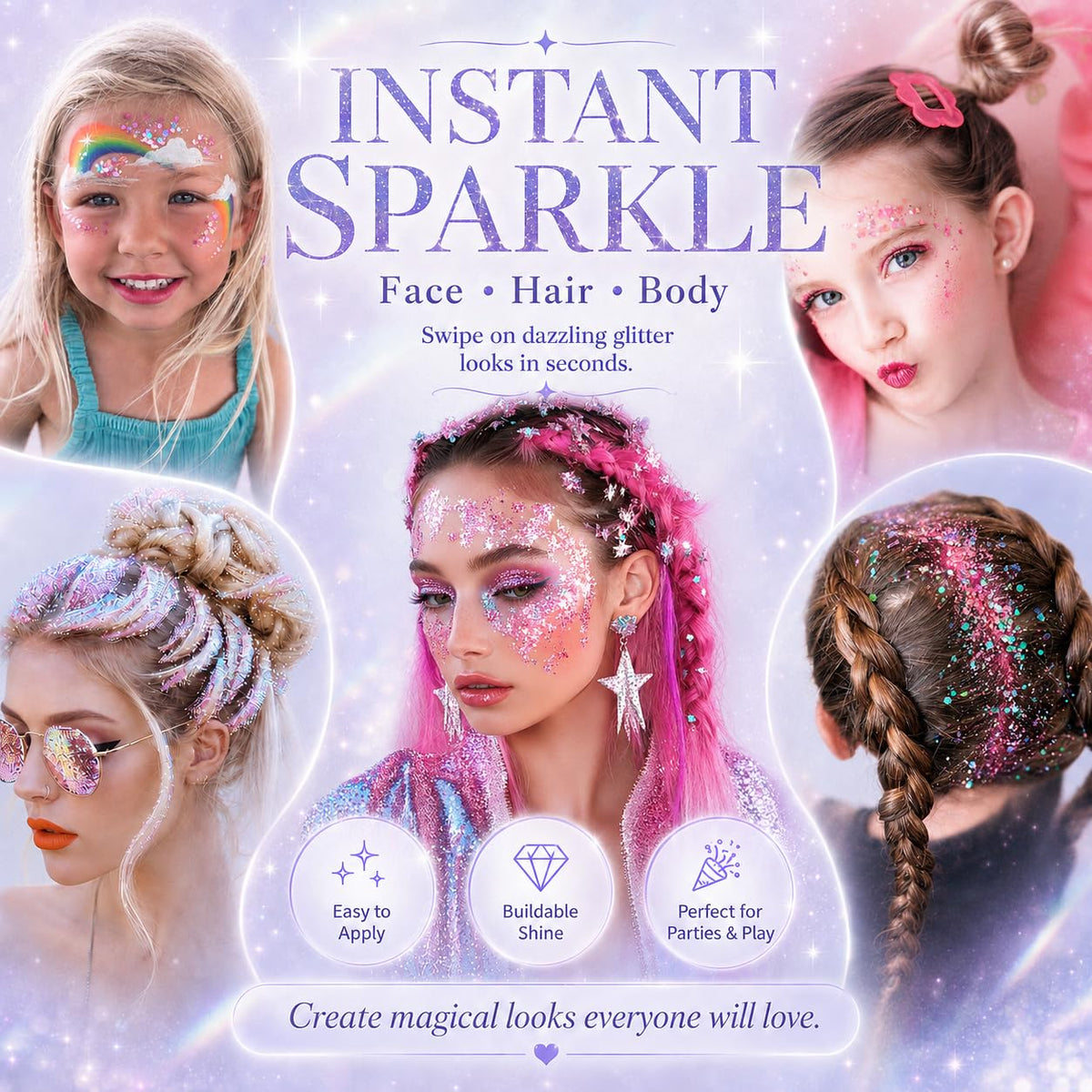 Glitter Stick 2 Pack, White & Purple Face Body Glitter Stick for Hair