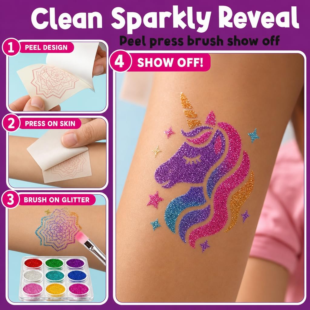 Glitter Tattoo Kit for Ages 6+, No Glue & Low Mess Temporary Fake Tattoos