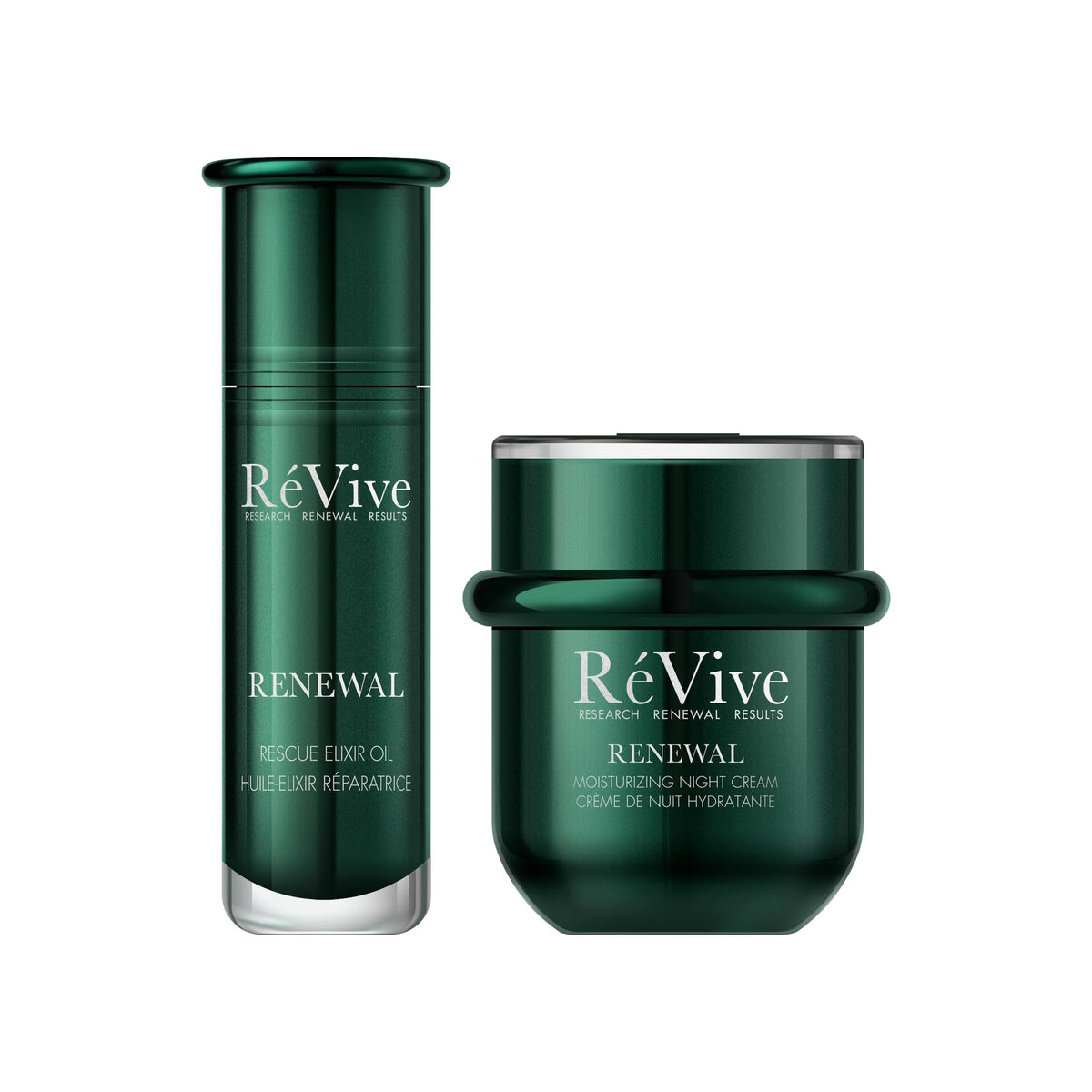 RéVive Renewal Discovery Set - Rescue Elixir Oil 5 mL / 0.17 oz and Moisturizing Night Cream 10 mL / 0.34 oz，New Customer Trial Kit to Improve Texture, Firmness & Radiance, with RVGF Technology