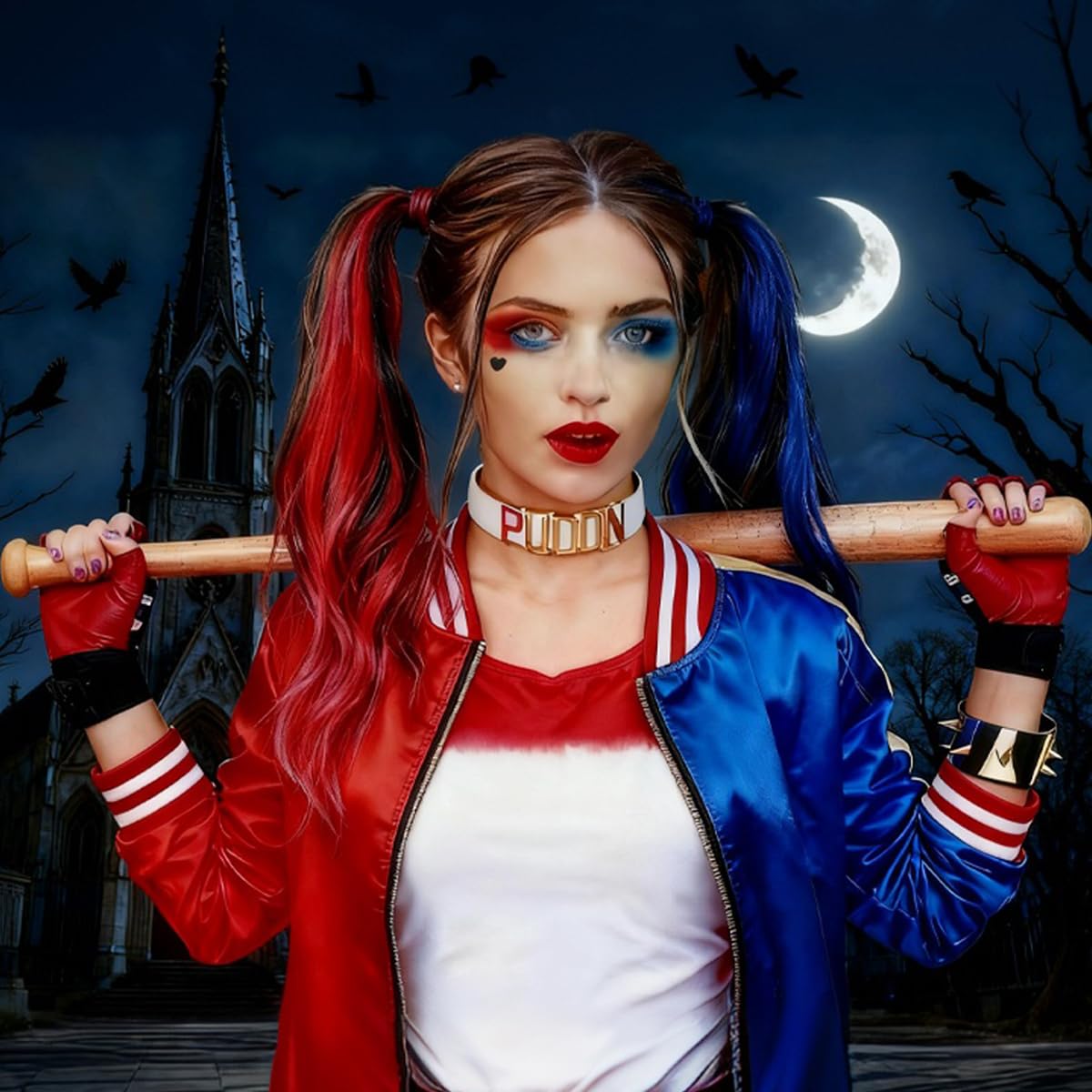 Mysense Halloween Costume Accessories for Adults Women Cosplay Makeup, Red and Blue Clip in Hair Extensions + Face Body Paint Stick + Black Liquid Eyeliner Stamp Makeup Kit