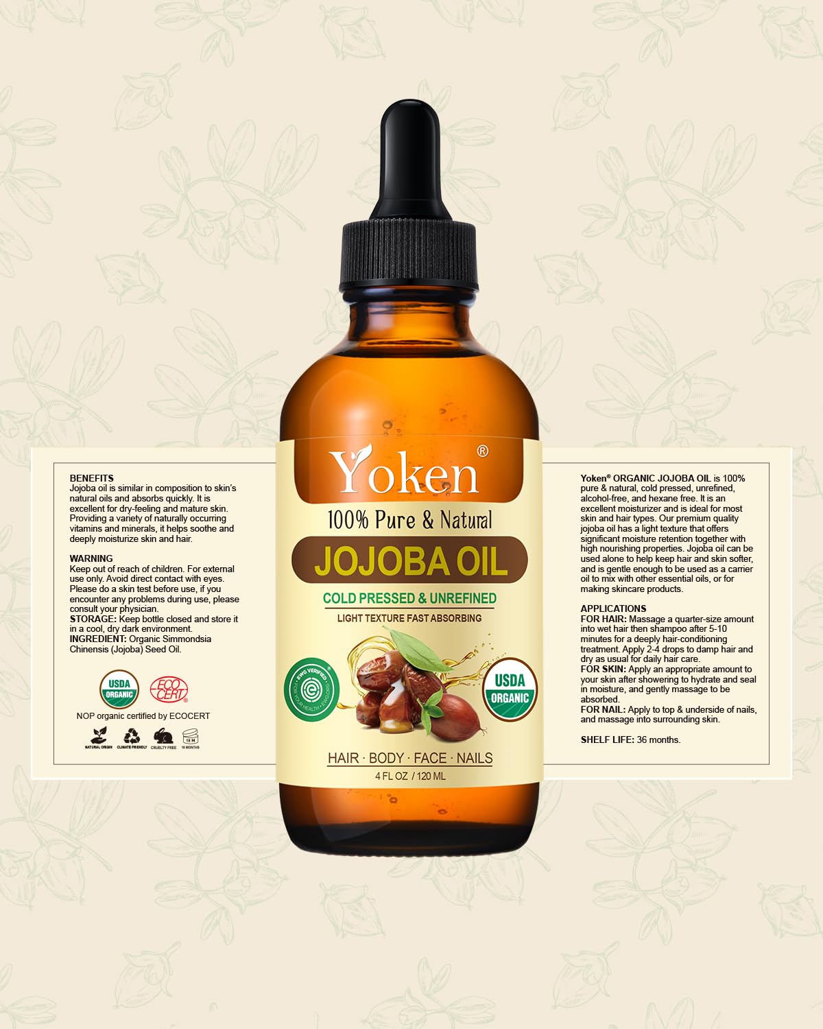 Yoken Organic Jojoba Oil 4oz with dropper, Pure for Nails, Face & Skin Care