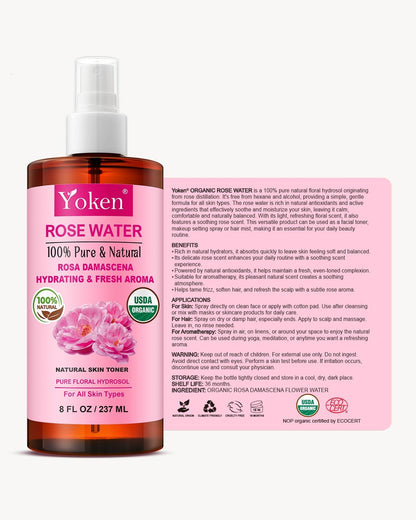 Yoken Organic Rose Water Spray 8oz, USDA Organic Face Mist, Alcohol Free