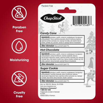 ChapStick Holiday Hot Chocolate, Candy Cane and Sugar Cookie Lip Balm, 0.15oz, 3 pack
