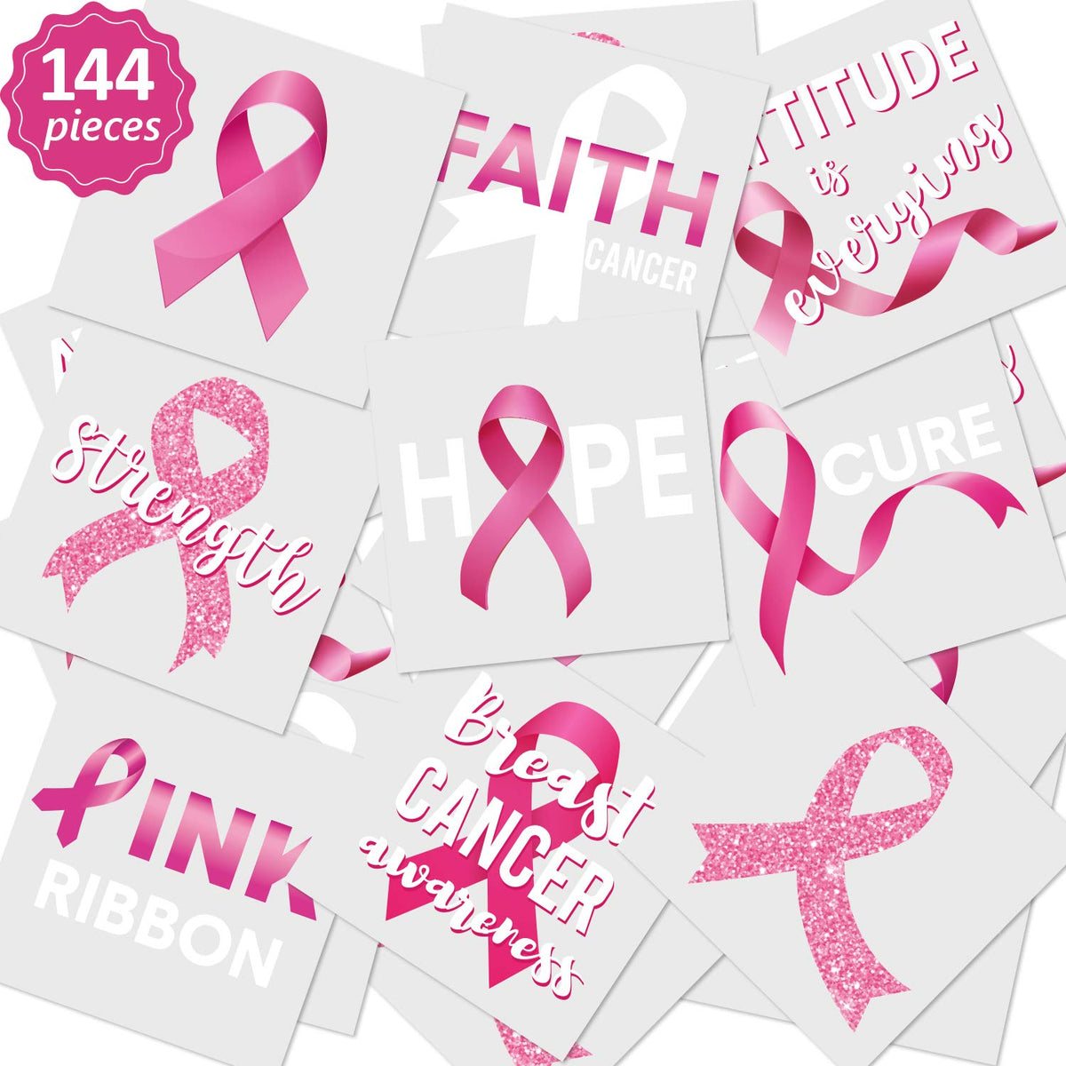 Zonon 144 Pcs Pink Ribbon Tattoos, Breast Cancer Awareness Temporary