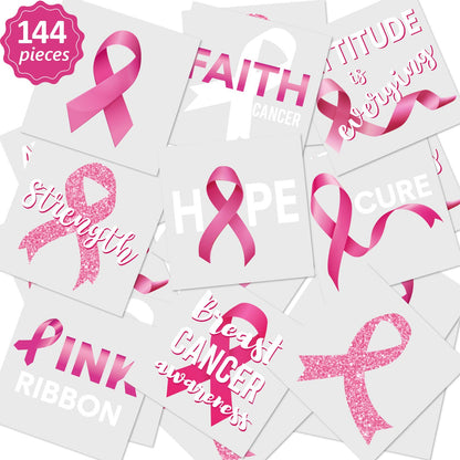Zonon 144 Pcs Pink Ribbon Tattoos, Breast Cancer Awareness Temporary