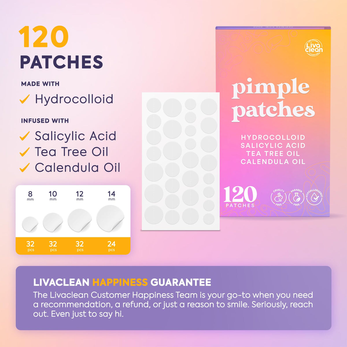 Livaclean 120 CT Pimple Patches for Face w/ Salicylic Acid, Tea Tree & Calendula Oil - Four Sizes Zit Dots Acne Patches for Face - Hydrocolloid Patch Pimple Patch Invisible - Acne Dots Zit Stickers
