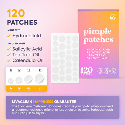 Livaclean 120 CT Pimple Patches for Face w/ Salicylic Acid, Tea Tree & Calendula Oil - Four Sizes Zit Dots Acne Patches for Face - Hydrocolloid Patch Pimple Patch Invisible - Acne Dots Zit Stickers