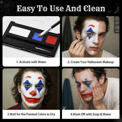 BOBISUKA 3-Color Clown Face Body Paint Water Activated, Black White & Red