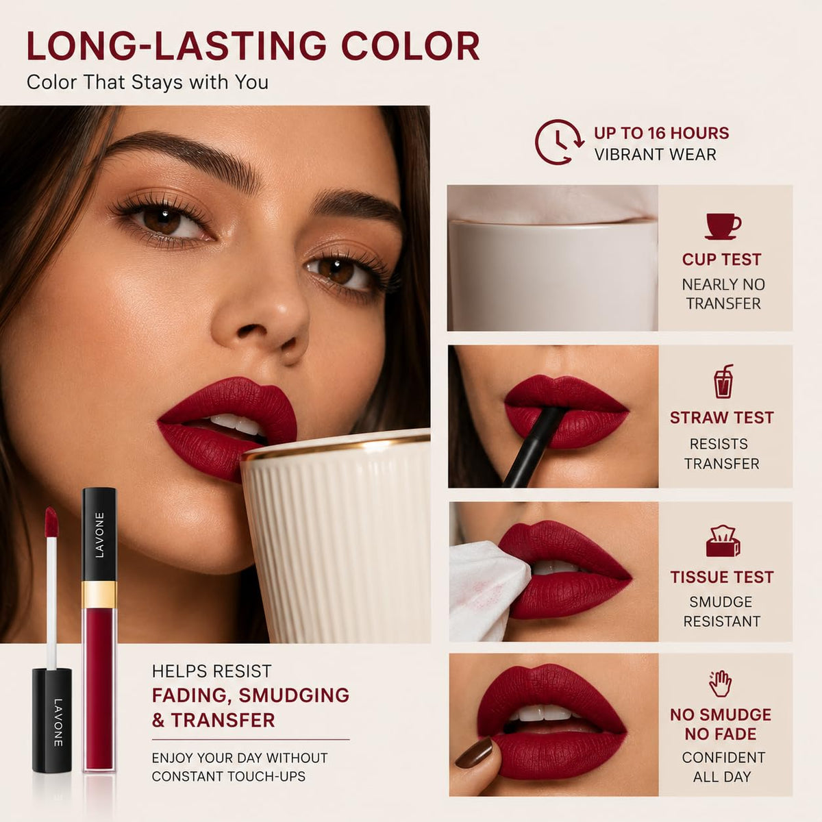 LAVONE Matte Lipstick, Long Lasting Lipstick for Women - Crimson Party